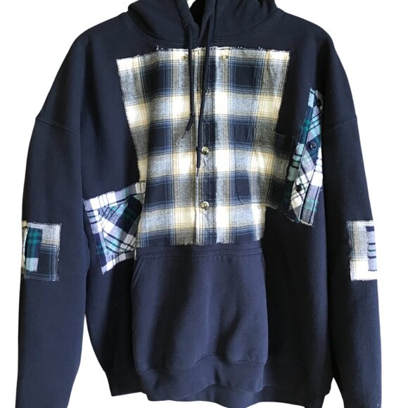 Grunge Patchwork Hoodie, XL: Upcycled Oversized Navy Sweatshirt, Campus Style - Picture 6 of 11